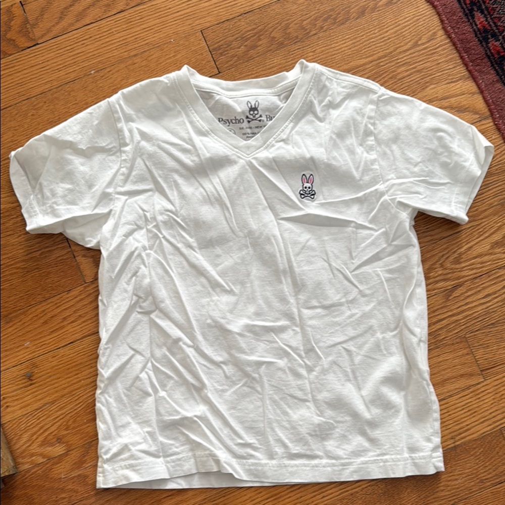 Psycho Bunny White Short Sleeve V-Neck Tee with Pink & Black Bunny Logo